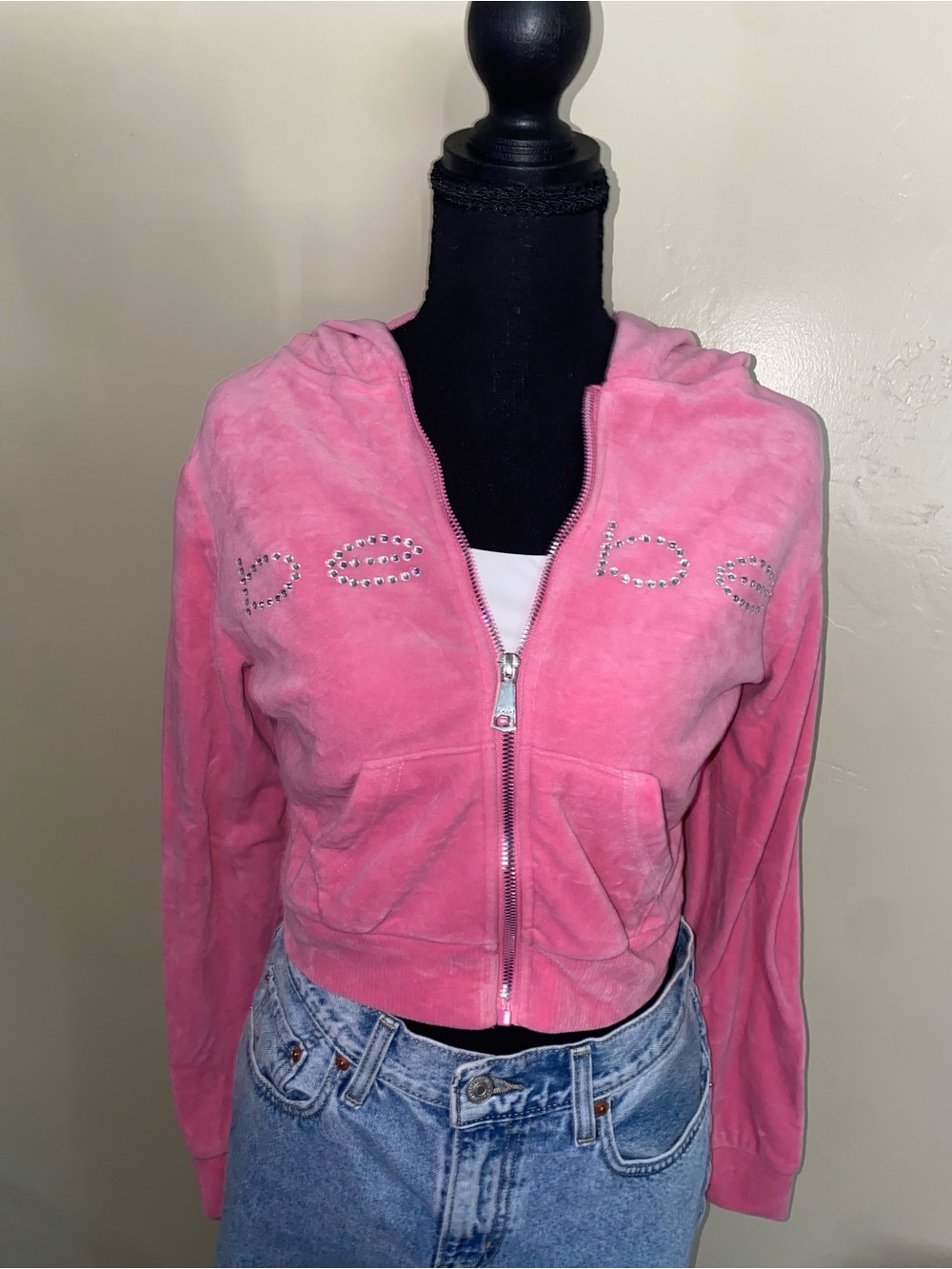 Bebe Pink Rhinestone Zip-Up Hooded Velour Jacket